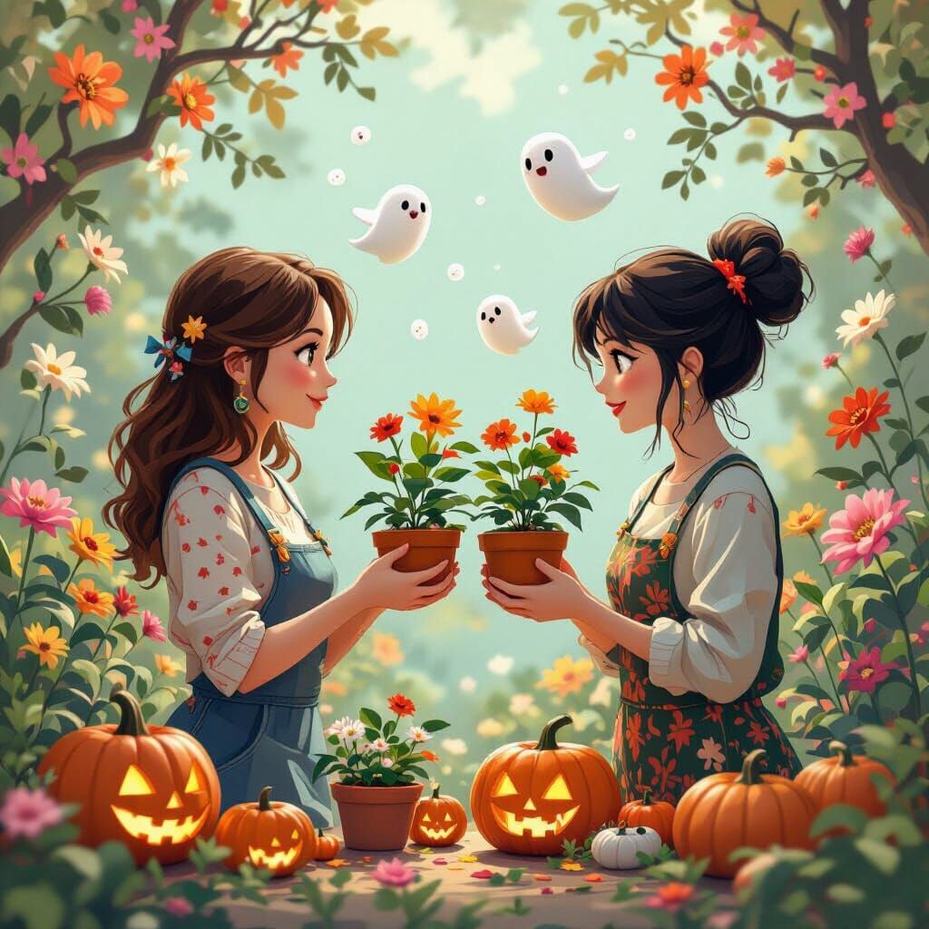 Spooktacular Plant Swap in Anime Style with Jack-o-Lanterns