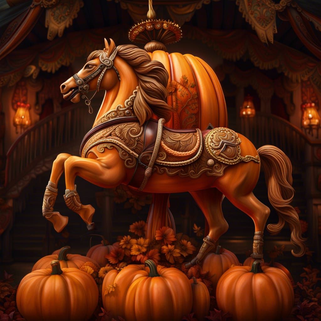 Pumpkin Carousel Horse in Digital Matte Painting Style