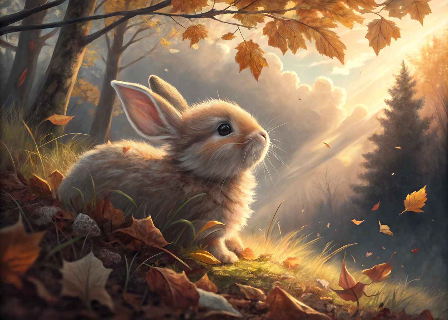 Fluffy Bunny in Autumn Leaves: Digital Painting