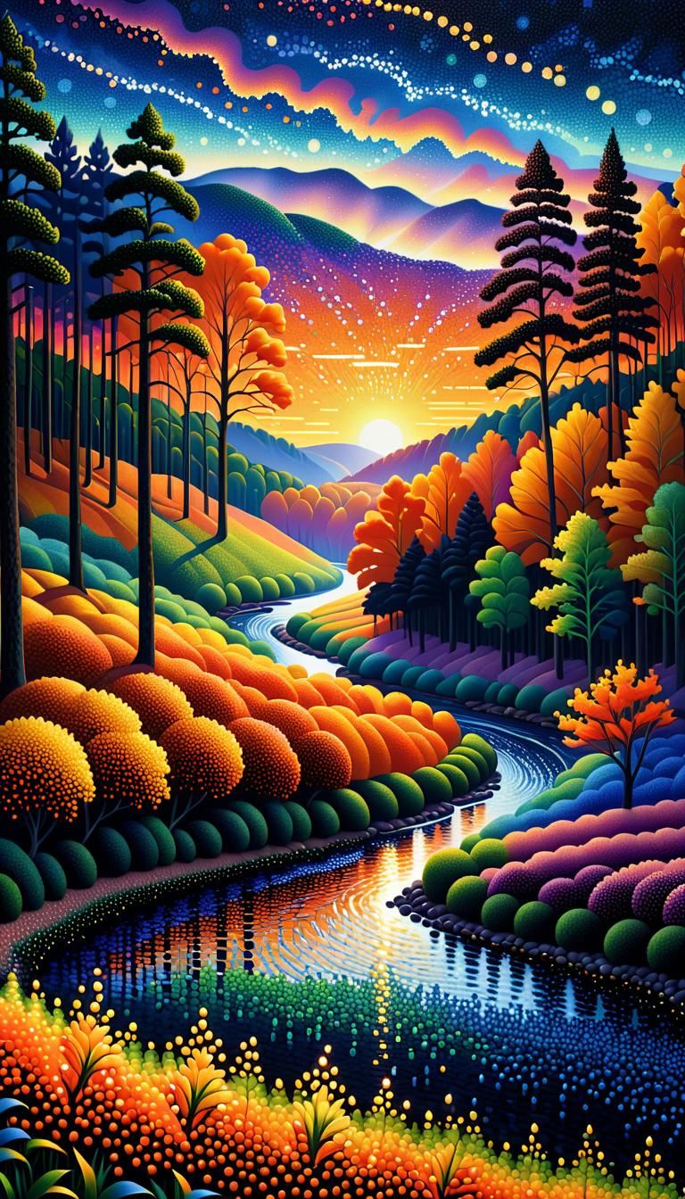 Pointillist Forest River Optical Illusion in Dreamlike Style