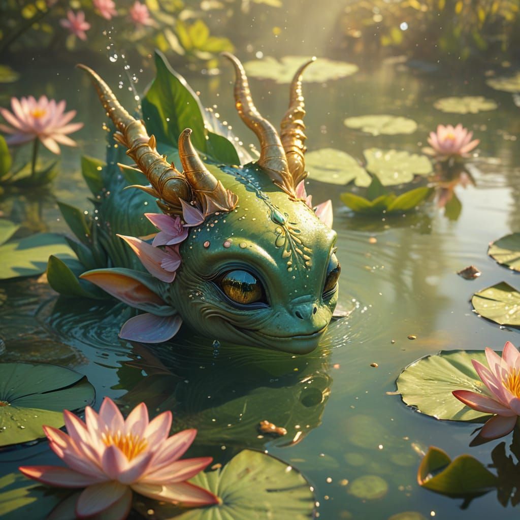 Cute Alien Creature in Lily Pond: Digital Painting