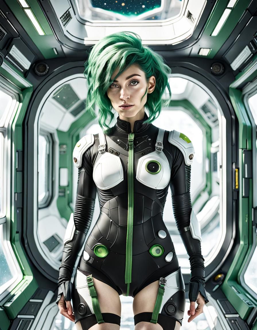 Lovely Spacegirl in Futuristic Station: Hyperrealistic Portr...