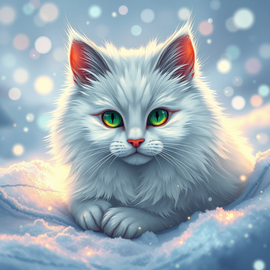 Fantasy Arctic Cat in Glowing Snow Wonderland