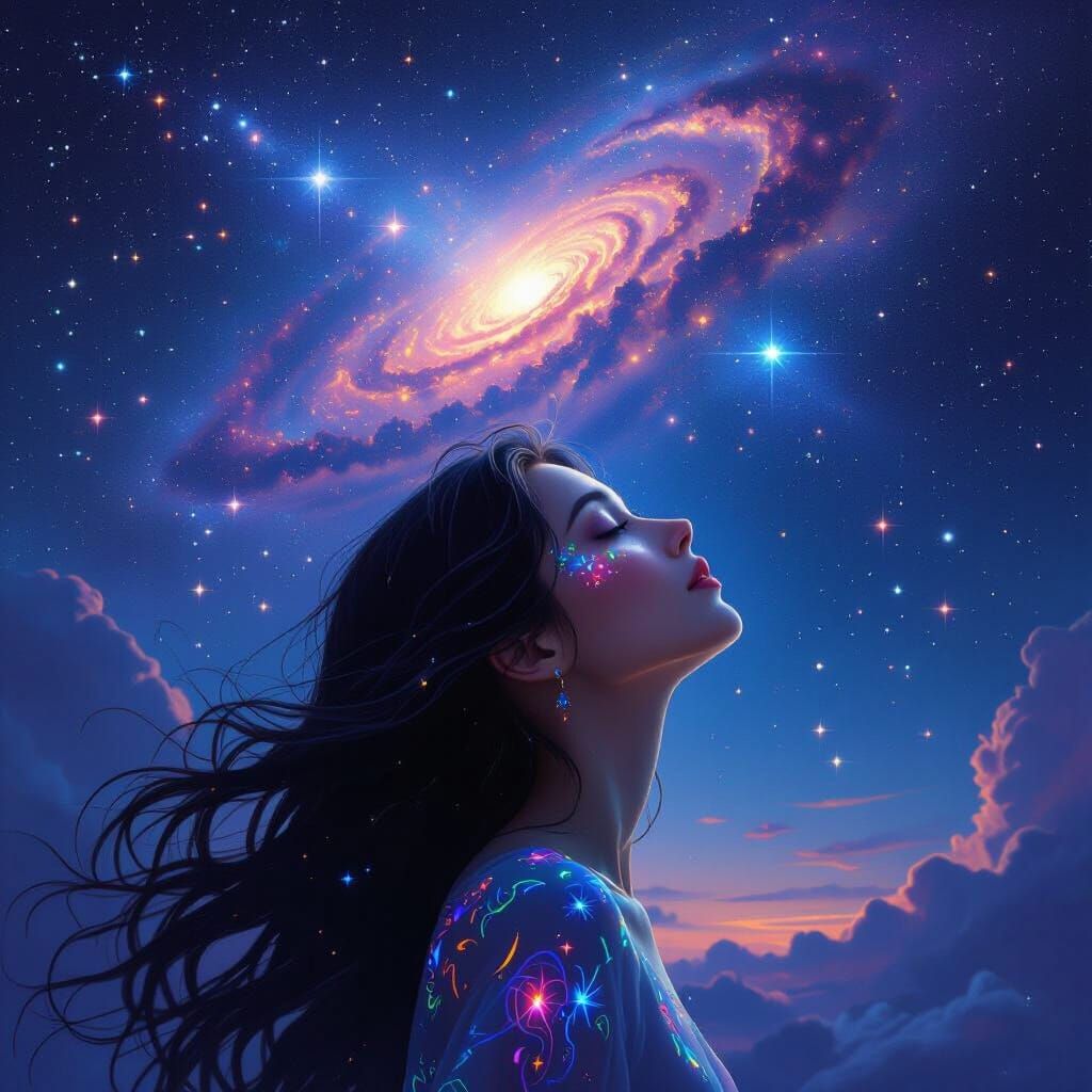 Woman Gazing at Vibrant Nebula in Ethereal Digital Painting