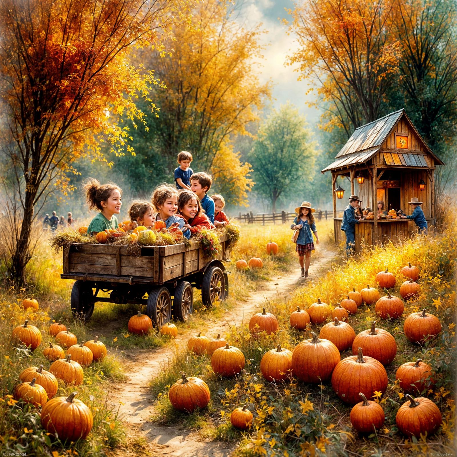 Magical Autumn Pumpkin Patch Hayride as Impasto Oil Painting