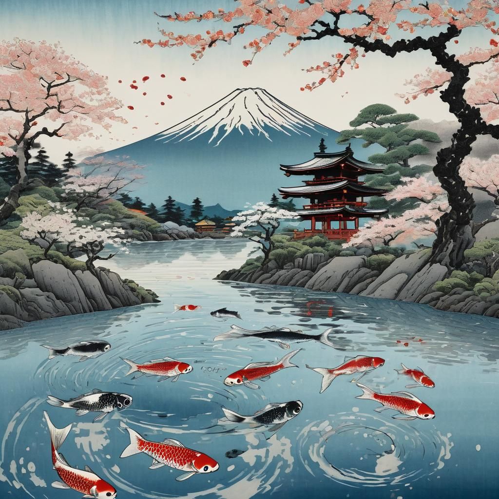Koi Fish Leaping in Ukiyo-e Style