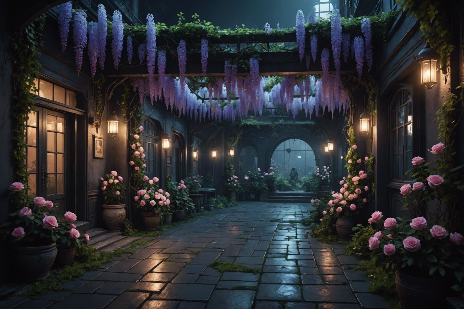 Cyberpunk Sanctuary: Indoor Garden with Wisteria and Roses