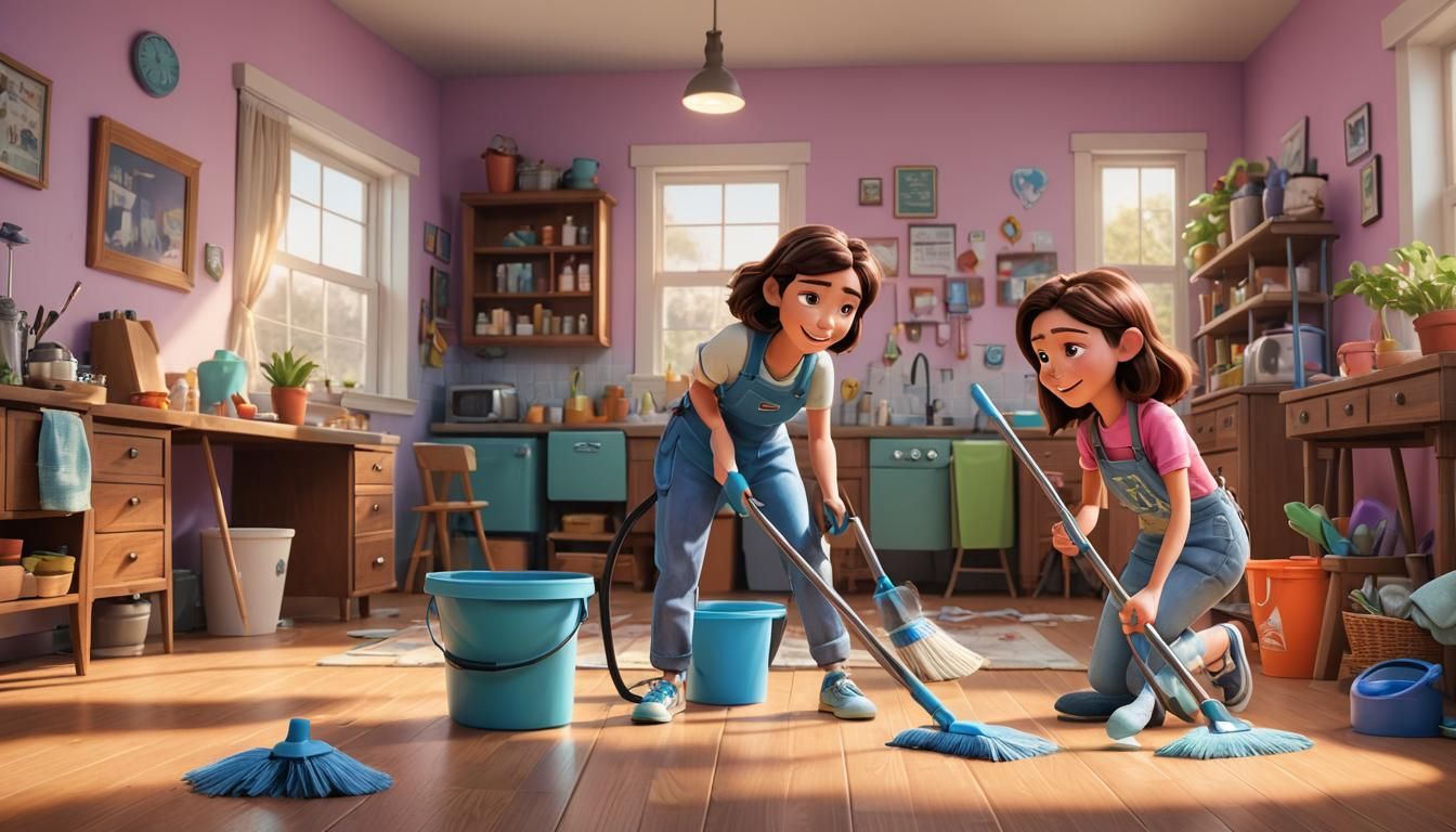 Friends Cleaning House in Pixar 3D Style