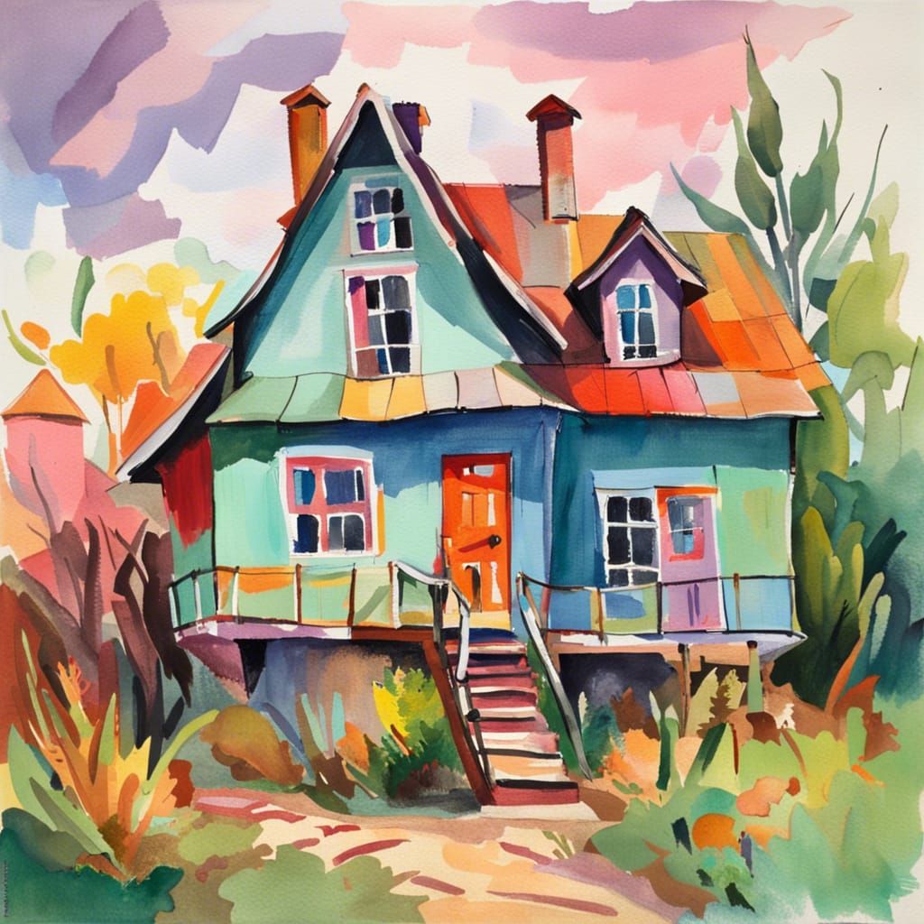 Wonky House in Gouache Impressionist Style