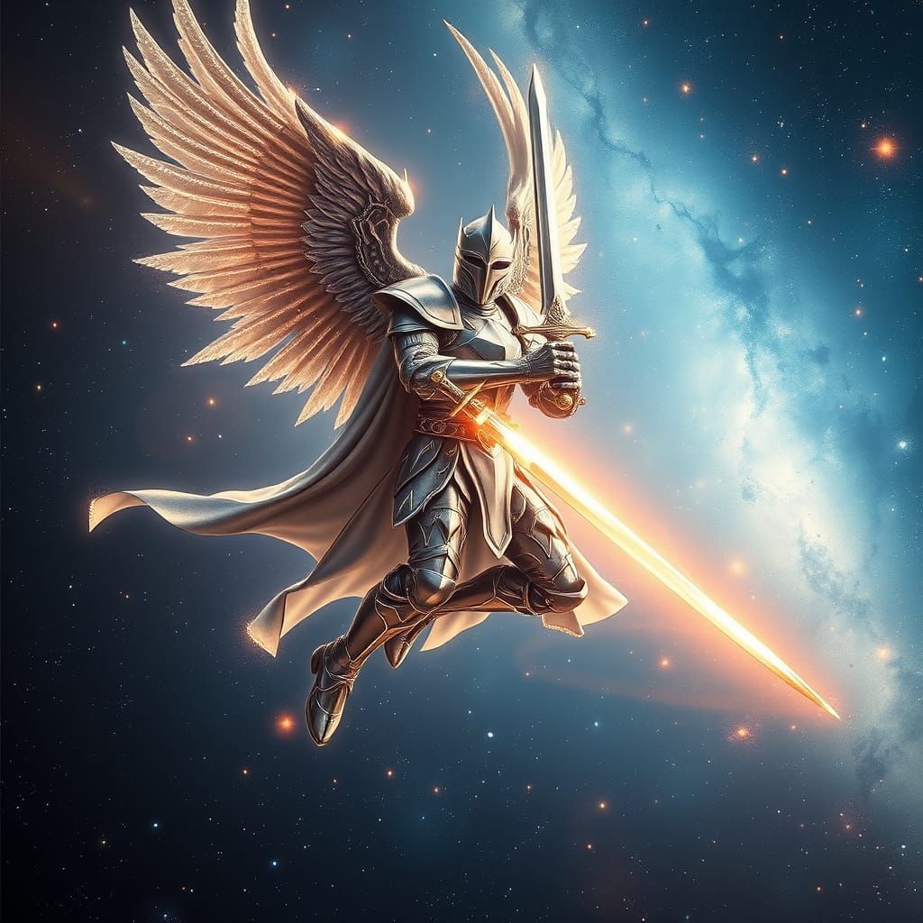 Celestial Knight in Cosmic Void with Starlight Sword