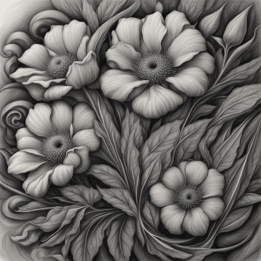 Detailed Charcoal Drawing of a Graphic Floral Logo
