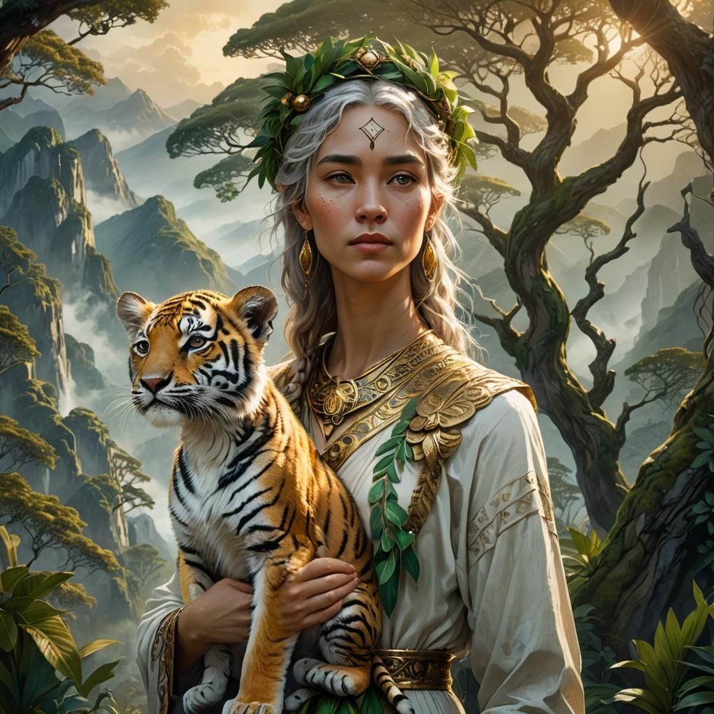 Amazon Woman with Tiger Cub in Art Nouveau Style