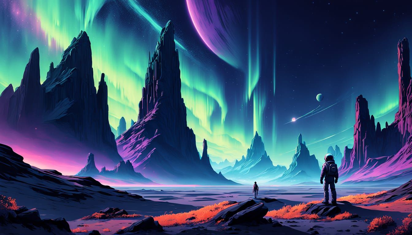 Astronaut Explores Alien Planet Under Aurora