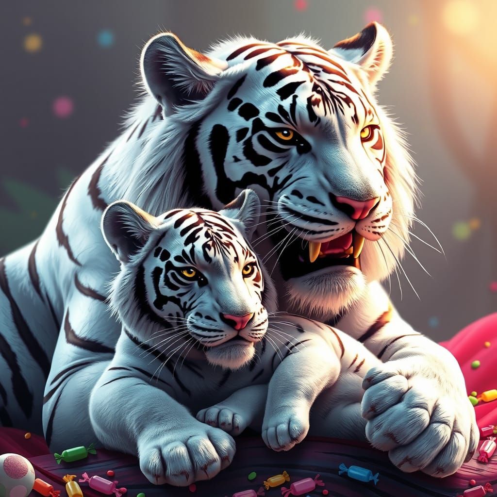 White Tiger and Cub in Candy Art Style