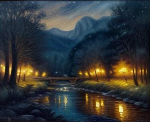 Serene River Valley at Dusk in Painterly Style