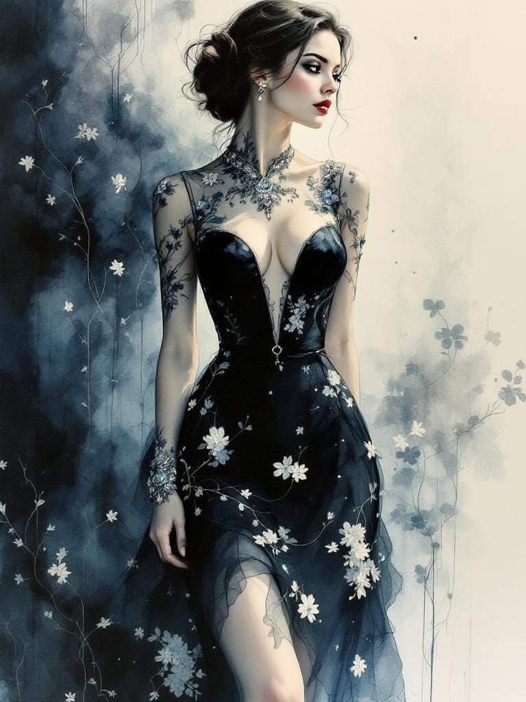 Woman in Embroidered Dress, Art Nouveau Style