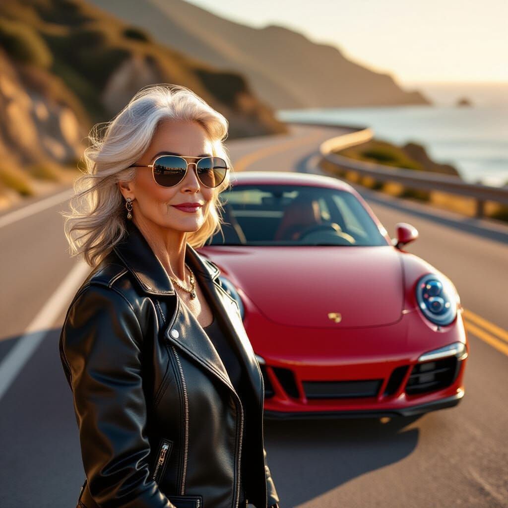 Elegant Woman Poses With Red Porsche 911