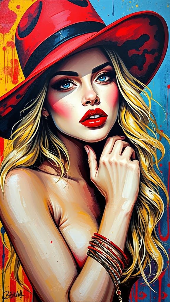 Sensuous Woman in Red Hat, Polychromatic Street Art Style