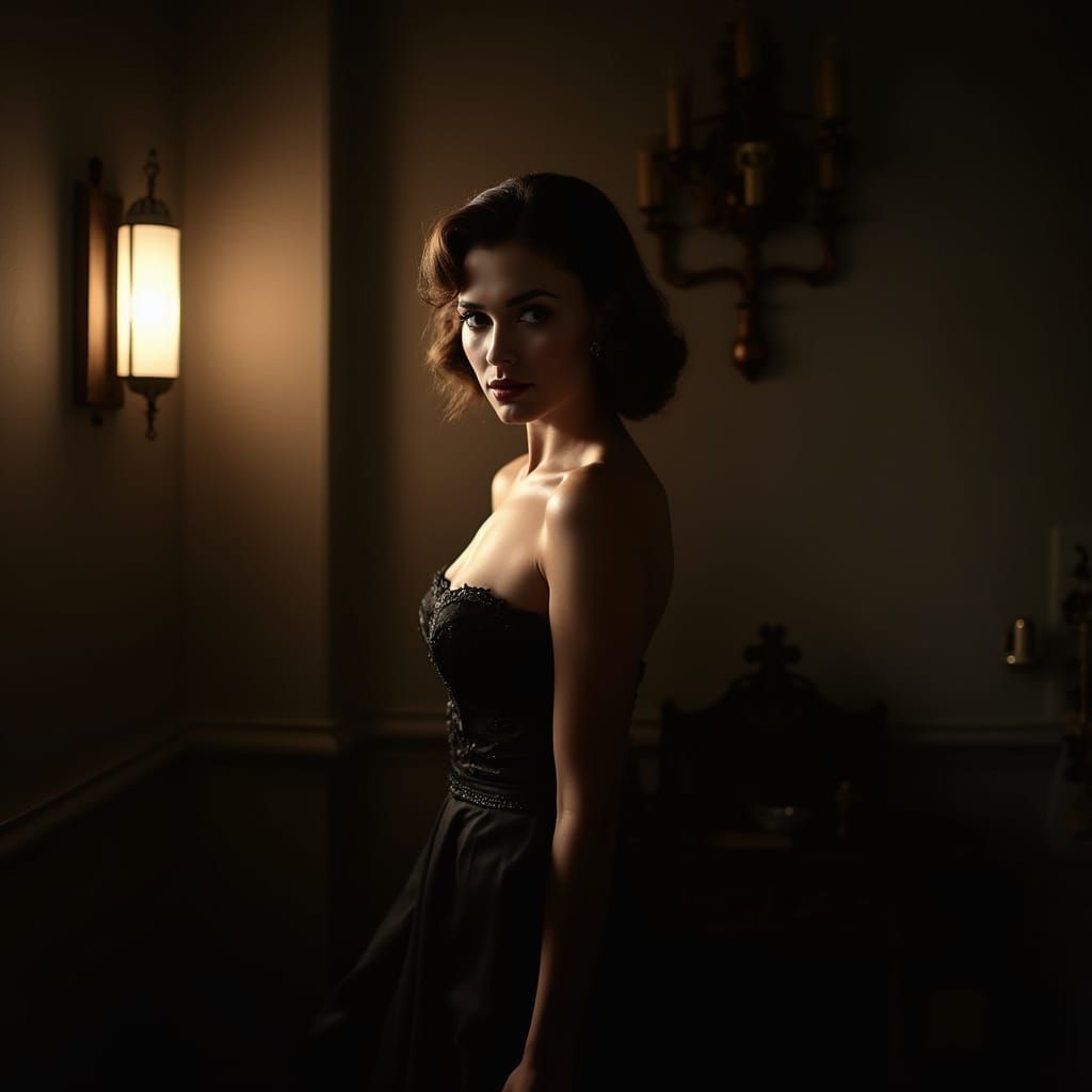 Elegant Mystery: Timeless Hollywood Beauty in Soft Golden Li...