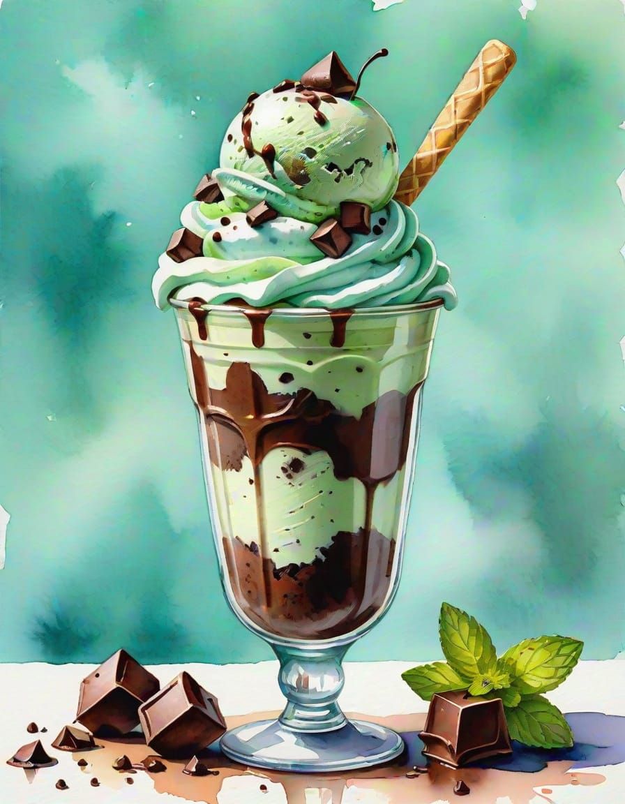 Mint Chocolate Chip Ice Cream Watercolor Art