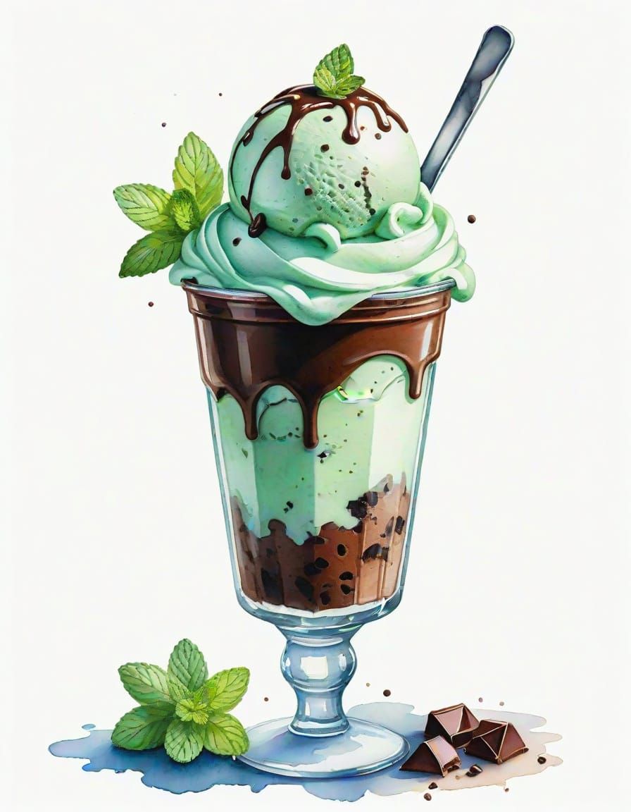 Mint Chocolate Chip Parfait in Watercolor Style