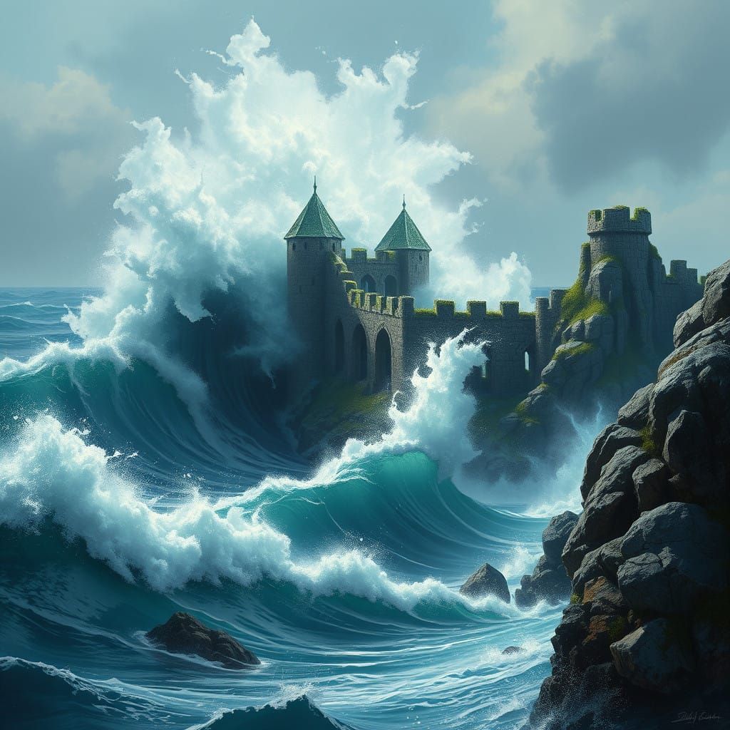 Turquoise Waves Crash Against Ruined Castle Towers