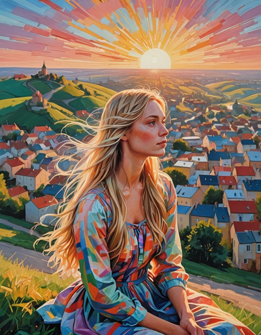 Slavic Girl on Hill in Expressive Street Art Style