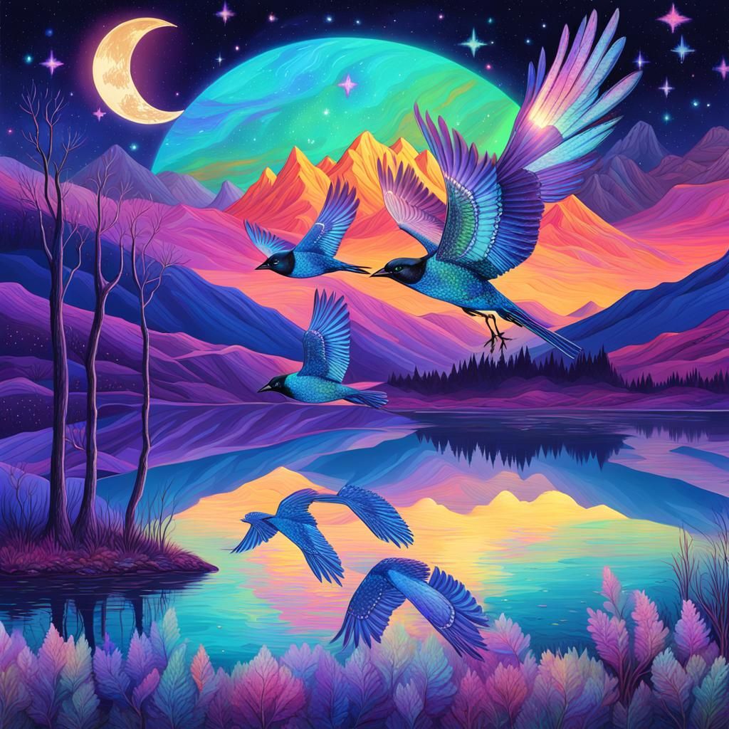 Iridescent Magpies Over Astral Lake