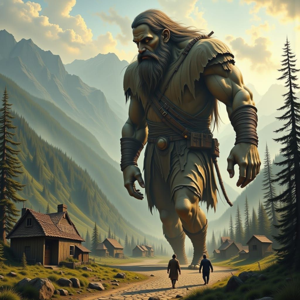 Giant Steps Through Tiny Village in Epic Fantasy Art