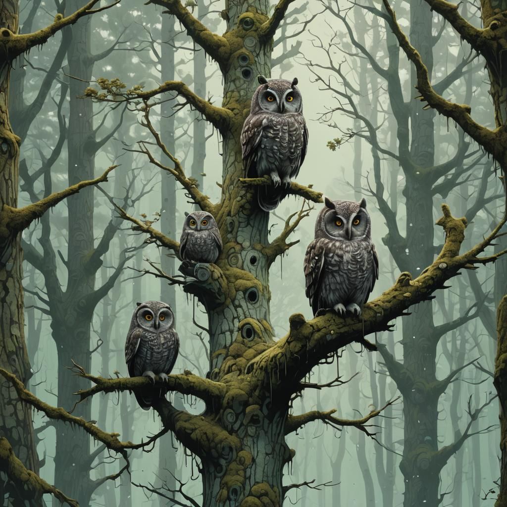 Owls in Emerald Tree: Fantasy Concept Art
