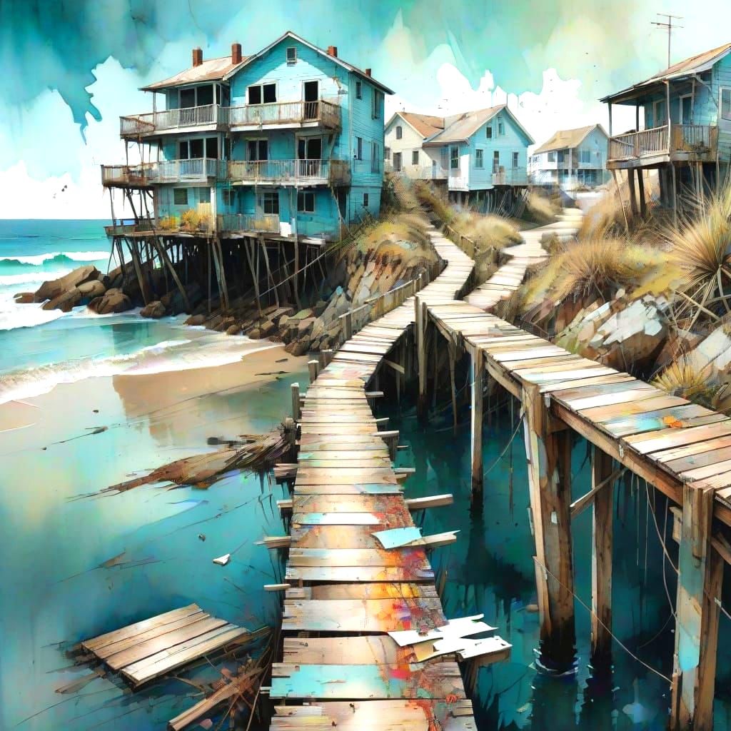 Expressionist Coastal Town Collage in Watercolor Style