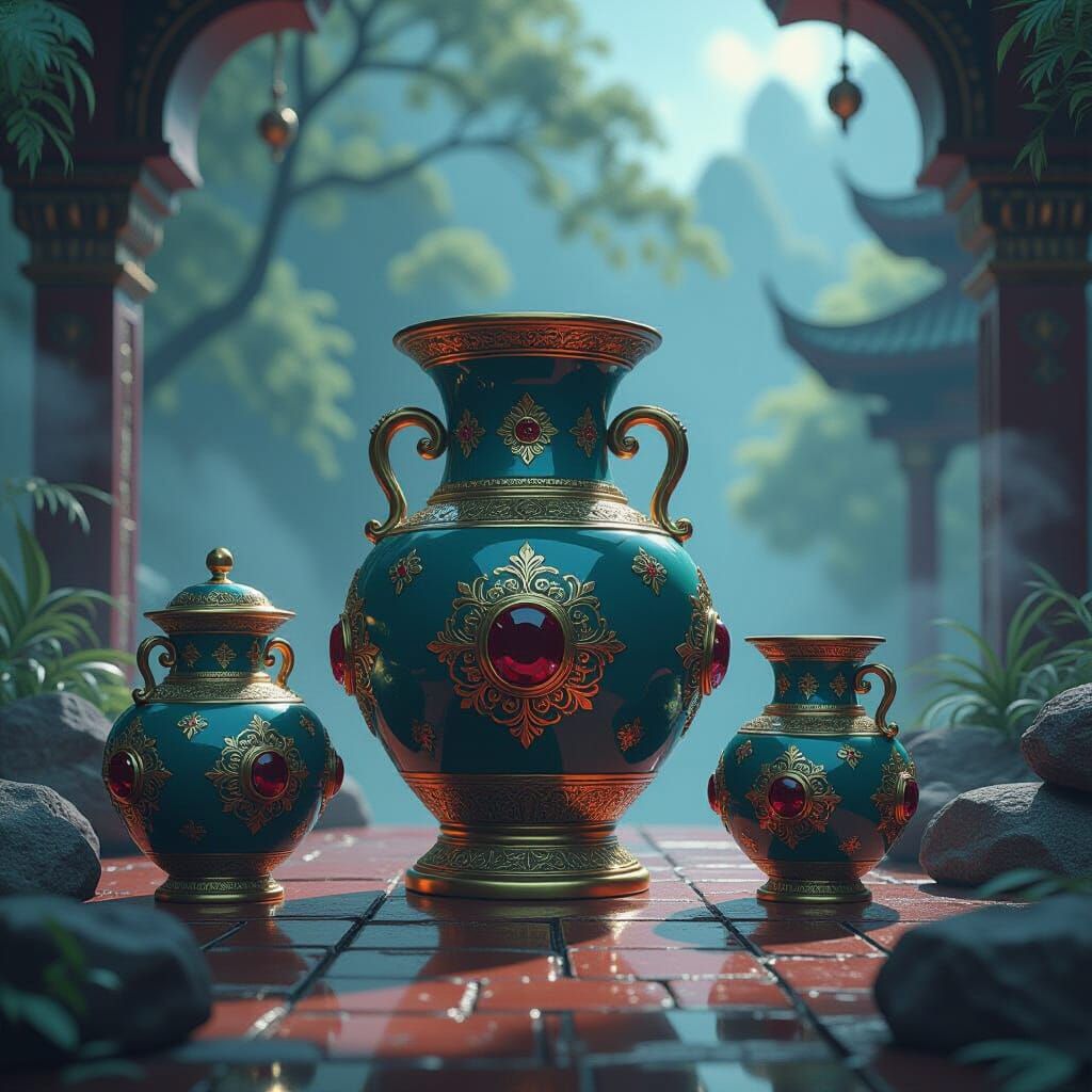 Ancient Ceramic Art with Gold and Rubies in Fantasy Style