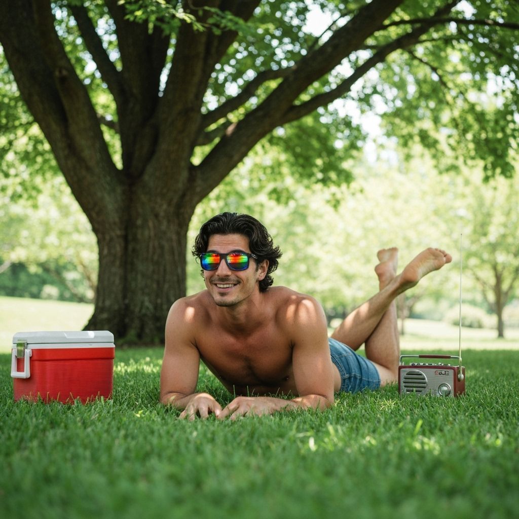 Man Relaxes in Shade, Touching Grass