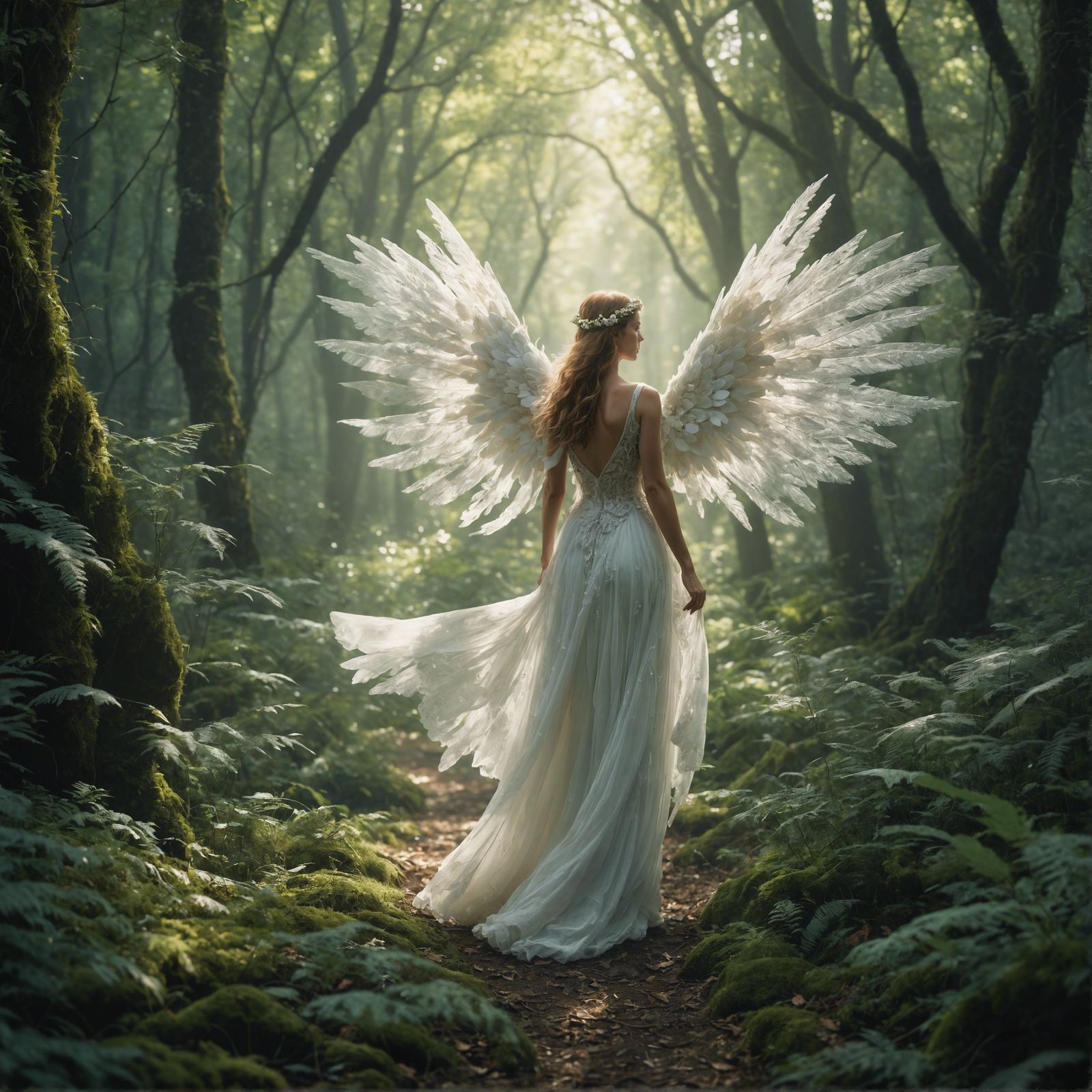 Angel walking through an ethereal forest