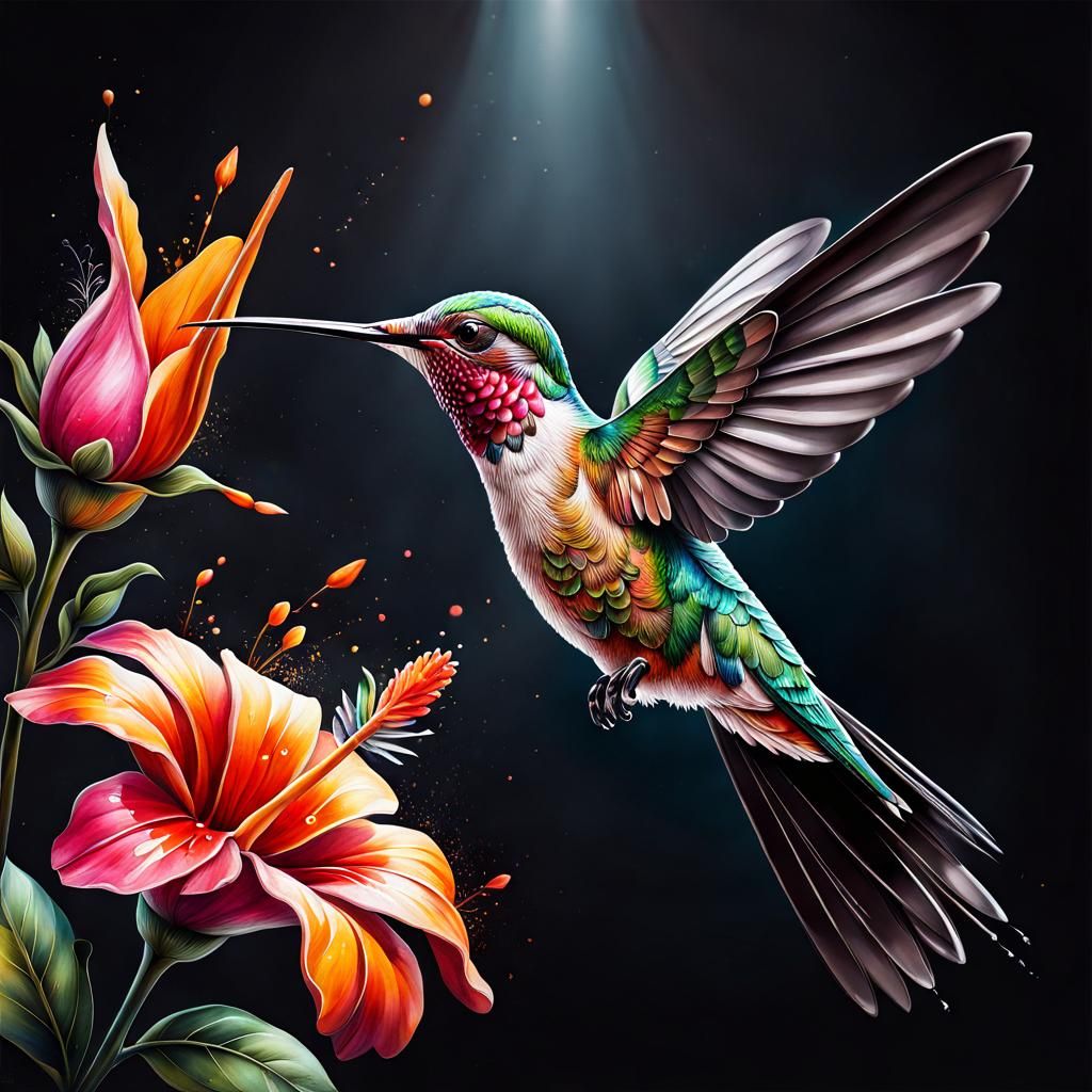 Hyperrealistic Hummingbird and Flower Splash Art