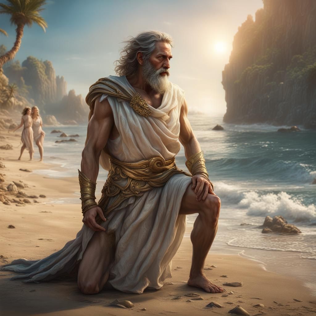 Odysseus on Mediterranean Beach with Goddesses