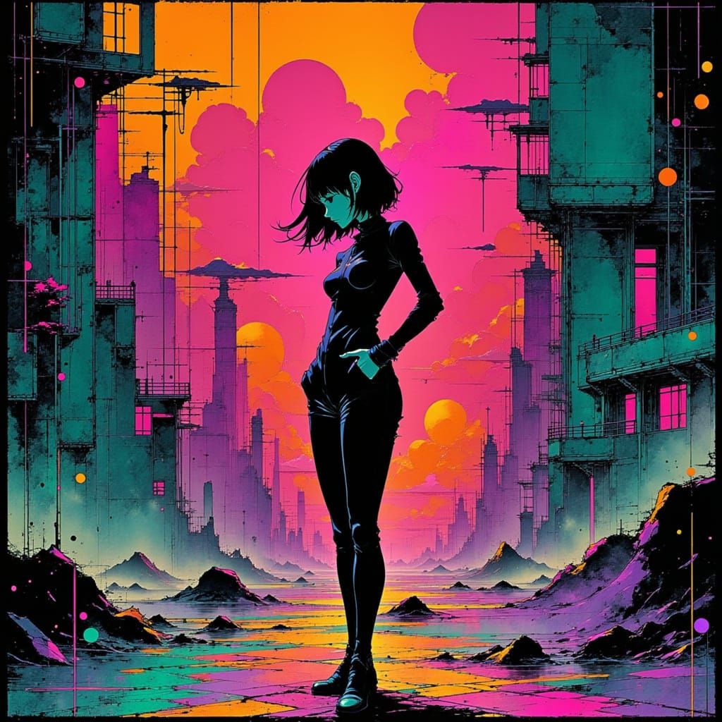 Futuristic Woman in Neon Cityscape, Syd Mead Style