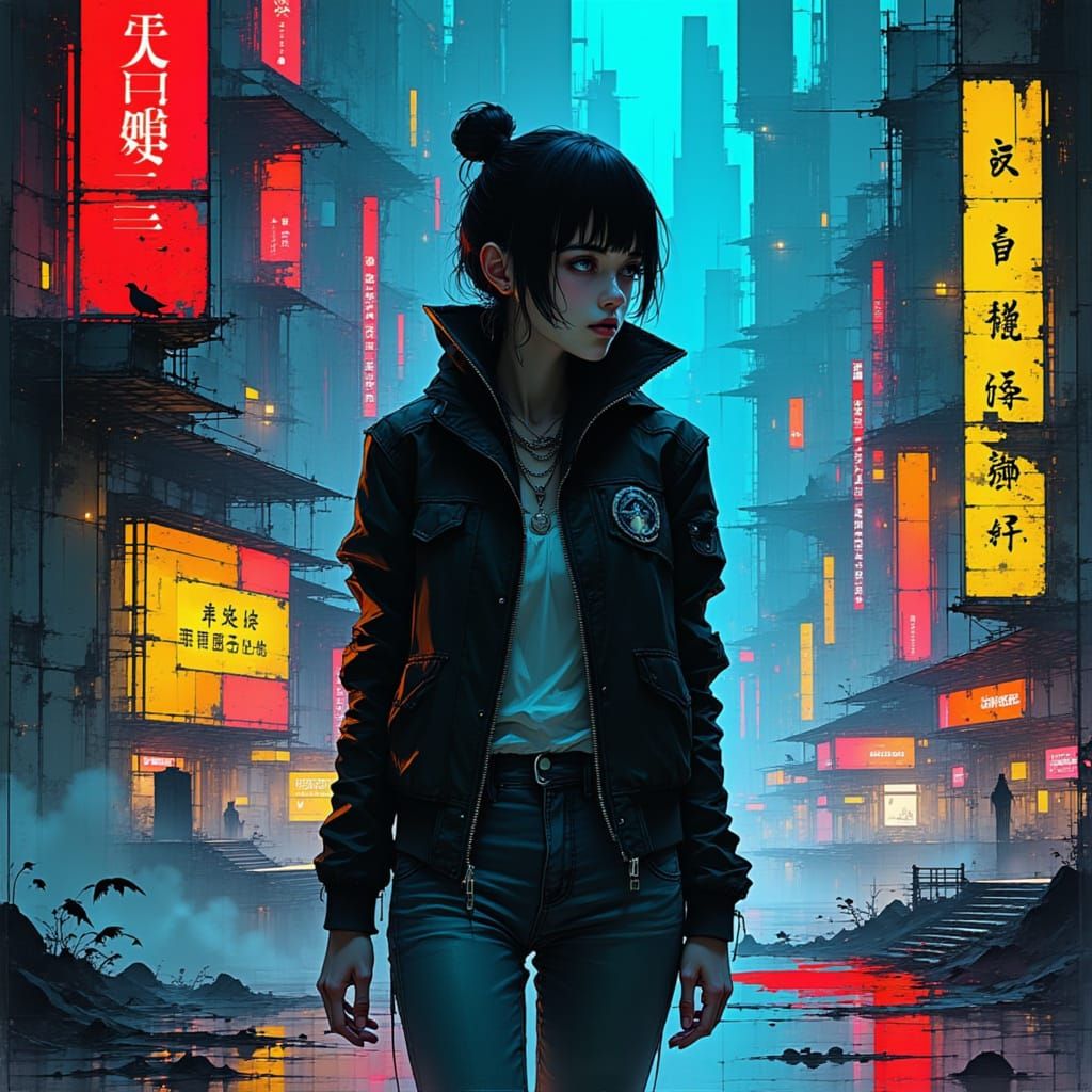 Futuristic Woman in Neon Cyberpunk Cityscape