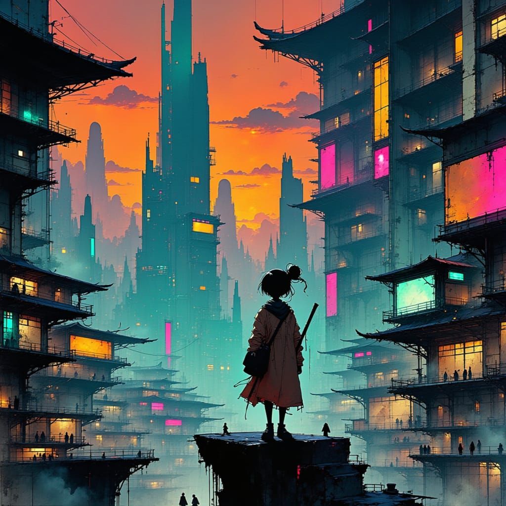 Cyberpunk Cityscape with Woman in Neon Lights