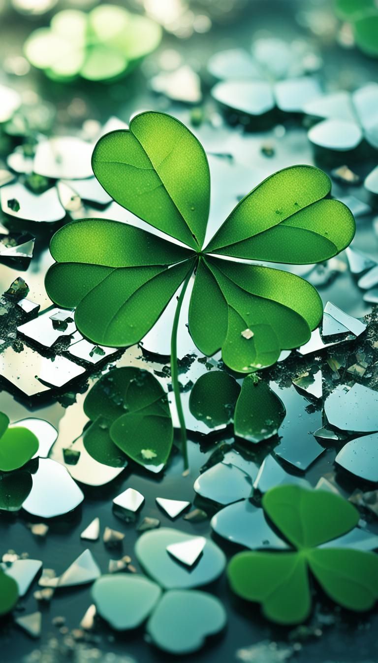 Surreal Four-Leaf Clover Reflected in Mirror Shards