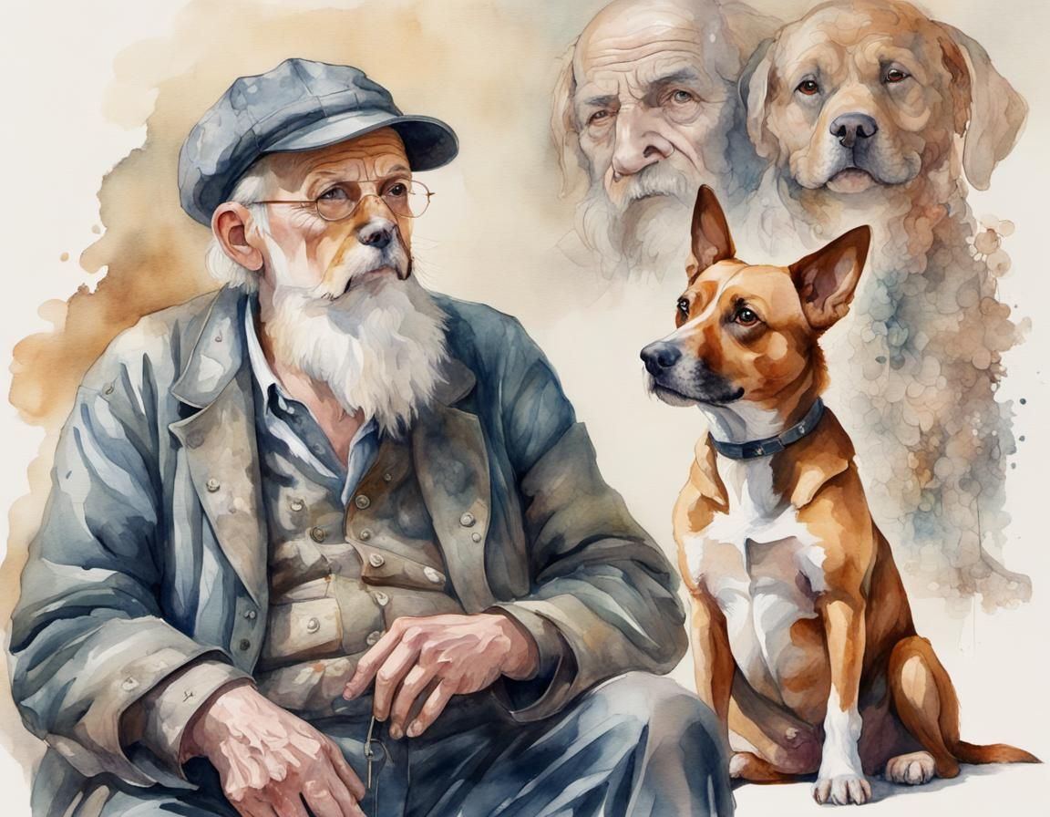 Transparent Dog Beside Old Man, Watercolour Painting