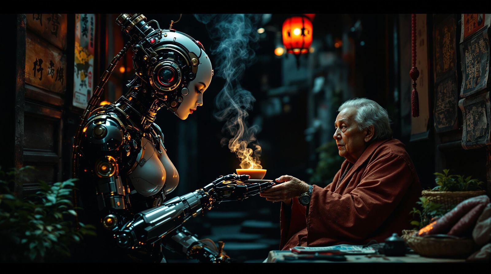 Steampunk Robot Tea Ceremony in Dystopian Chinatown
