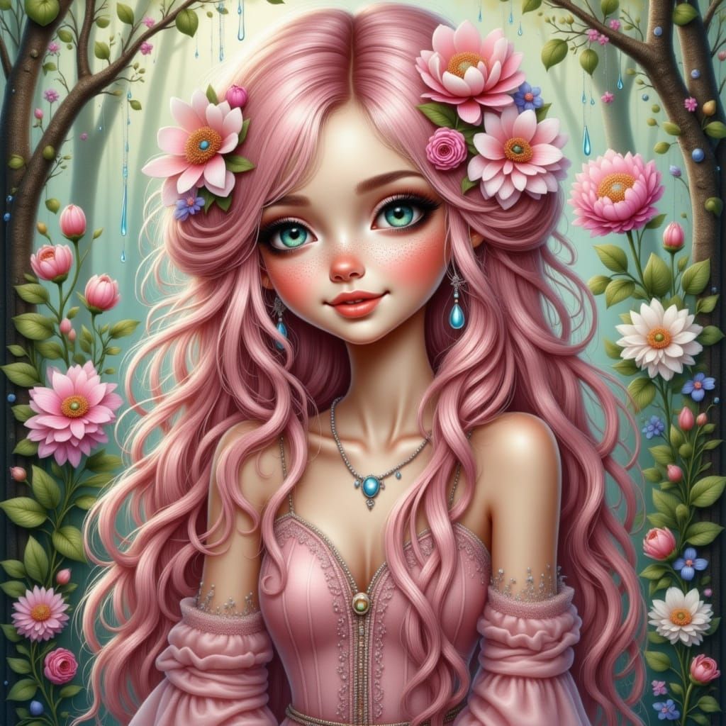 Flower Fairy with Pink Hair in Magical Forest