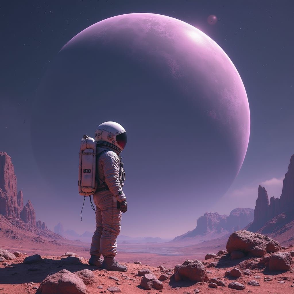 Astronaut on Alien Planet with Ringed Planet in Sky
