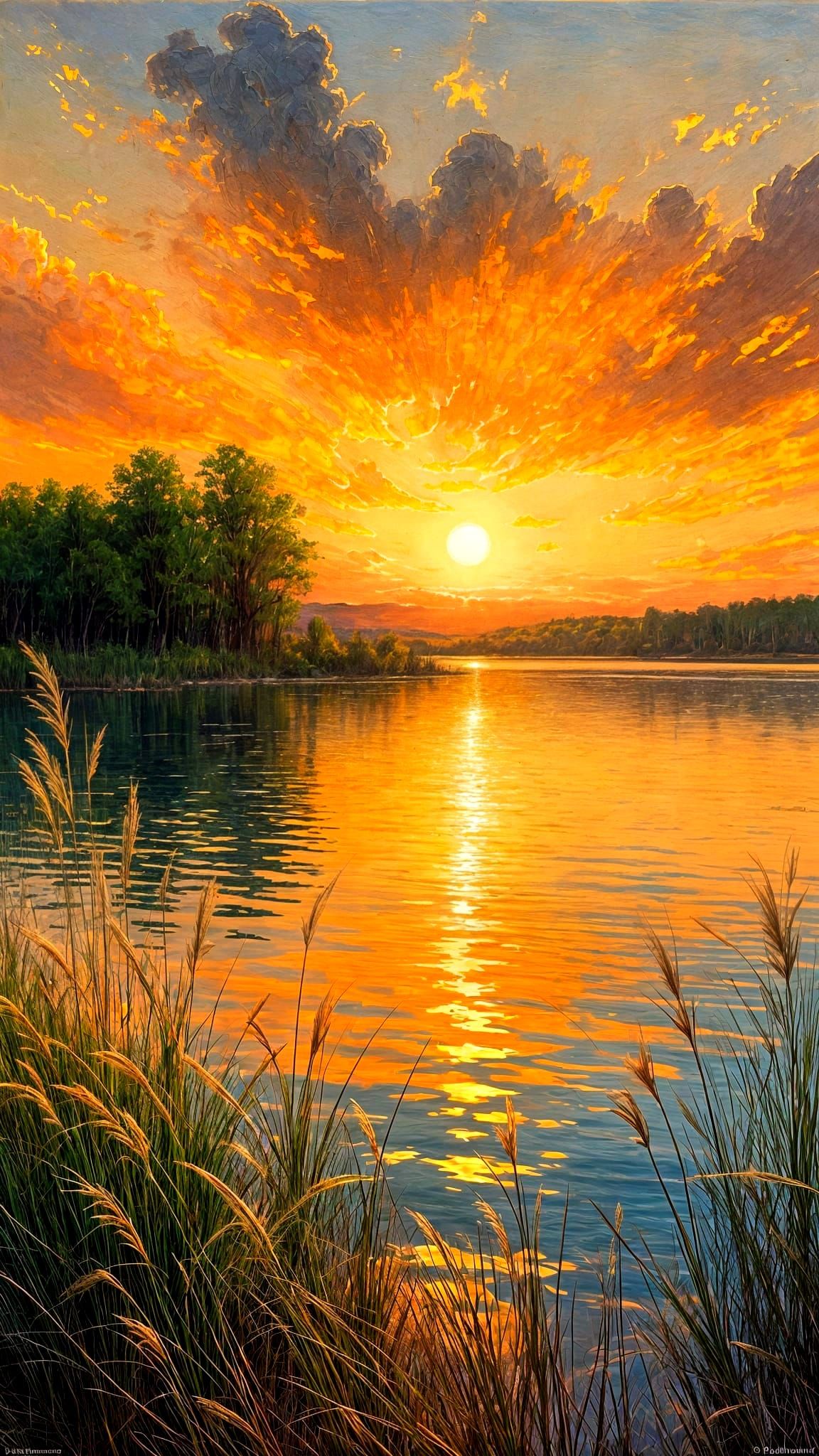 Tranquil Sunset Scene in Oil Painting Style