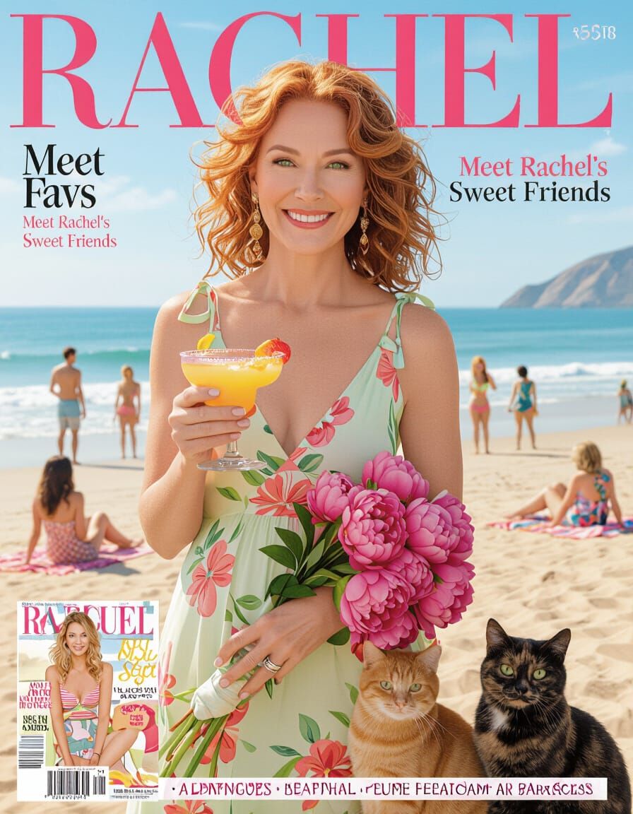 Middle-Aged Woman with Margarita and Peonies at Beach