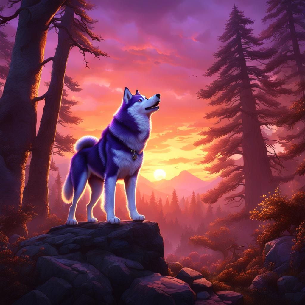 Purple Husky Howling at Sunset, Fantasy Concept Art