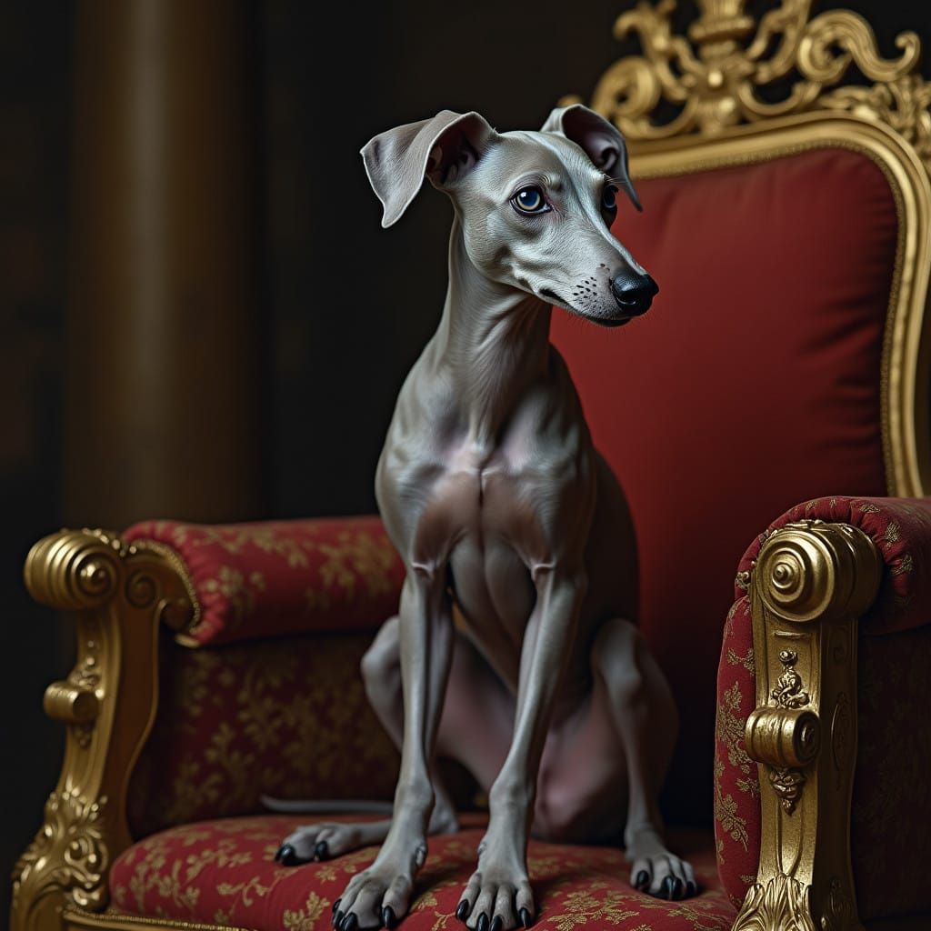 Regal Grey Whippet on Gilded Throne in Renaissance-Inspired...