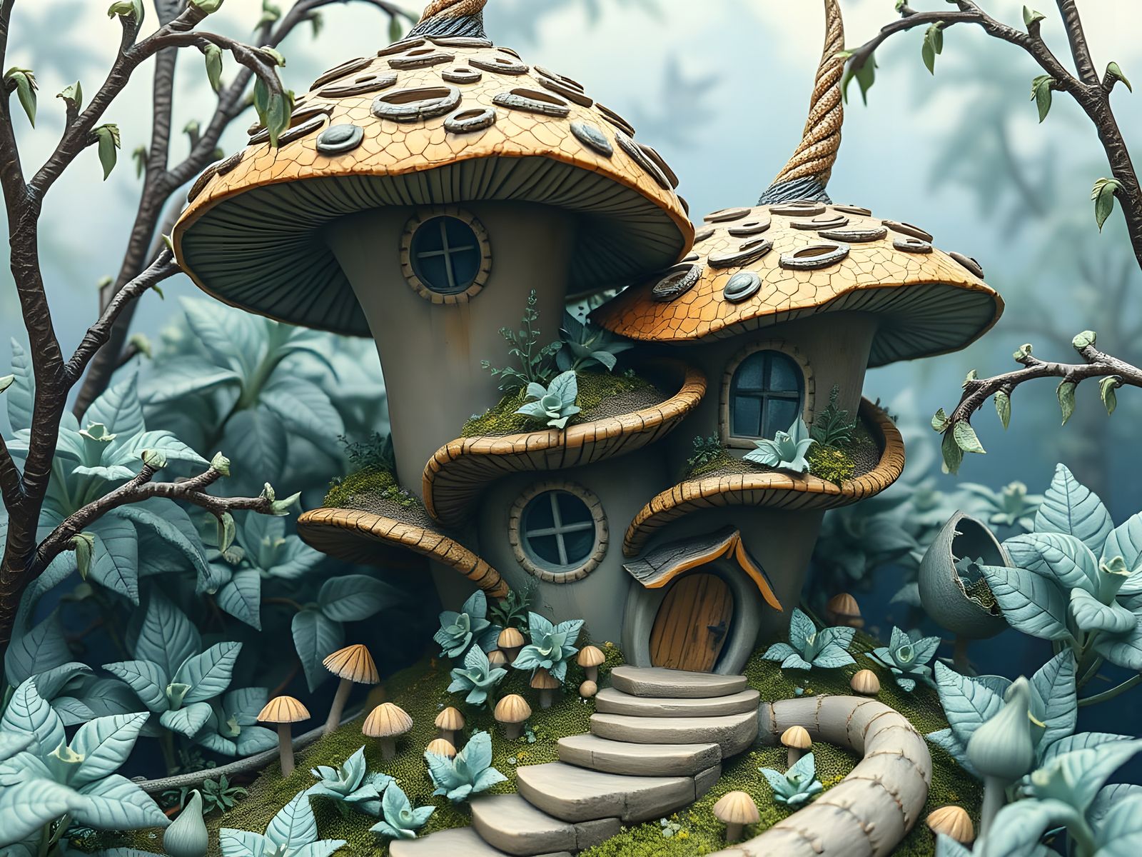 Whimsical Medieval Mushroom Cottage in Neurographic Art