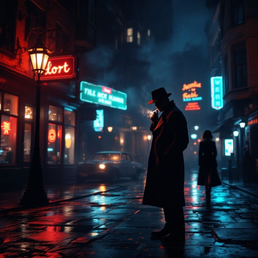Mysterious Detective in Film Noir Cityscape